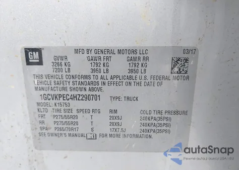 2017 Chevrolet Silverado 1500 Custom z USA, uszkodzony, nr VIN 1GCVKPEC4HZ290701